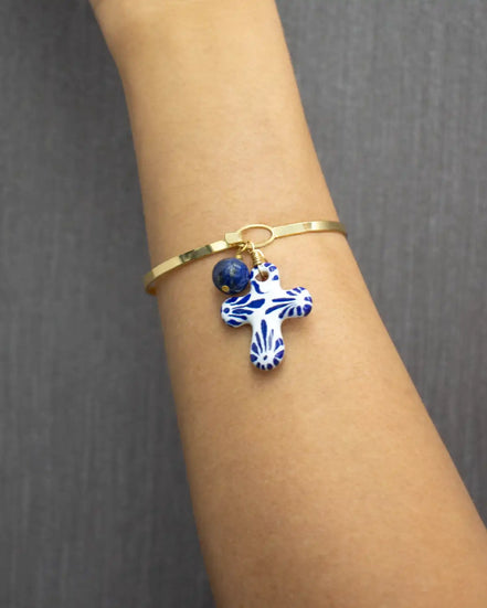 LAPIS LAZULI CROSS HOOP BRACELET