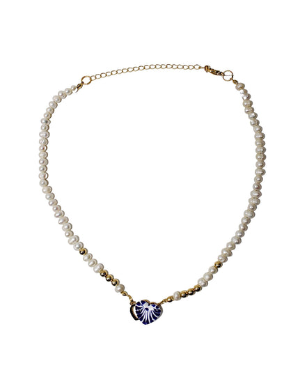 MINI PEARL NECKLACE, GOLD SPHERE, PLATE AND HEART STUD
