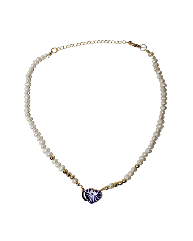 MINI PEARL NECKLACE, GOLD SPHERE, PLATE AND HEART STUD