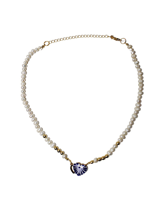 COLLAR PERLA MINI, ESFERA DORADA, PLACA Y BROQUEL CORAZON