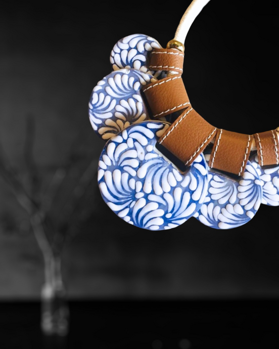 COLLAR CORDON BEIGE MEDIANO, PIEL Y 5 CIRCULOS TALAVERA